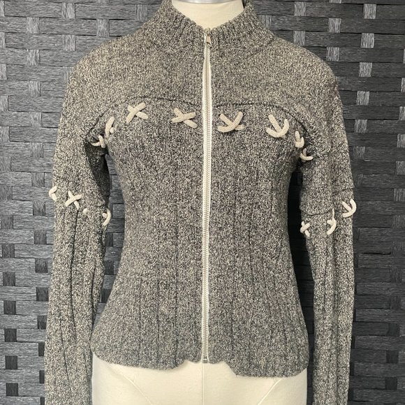 Cousin Johnny Rib knit Sweater, Zipper Closure, Criss Cross accent, gray, size S - Picture 1 of 7